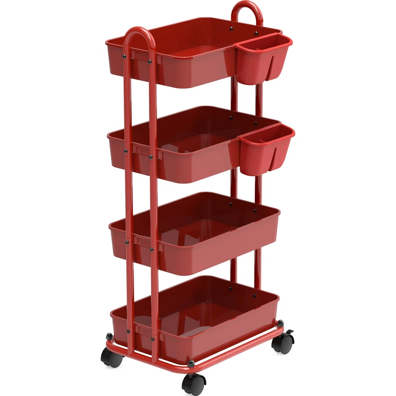 Simple Houseware 4-Tier Multifunctional Rolling Utility Cart with Basket Dividers and Hanging Buckets, Red