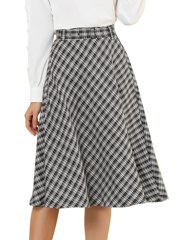 Allegra K Women's Tartan Plaid High Waist Belted Vintage A-Line Midi Skirt, Black White, M