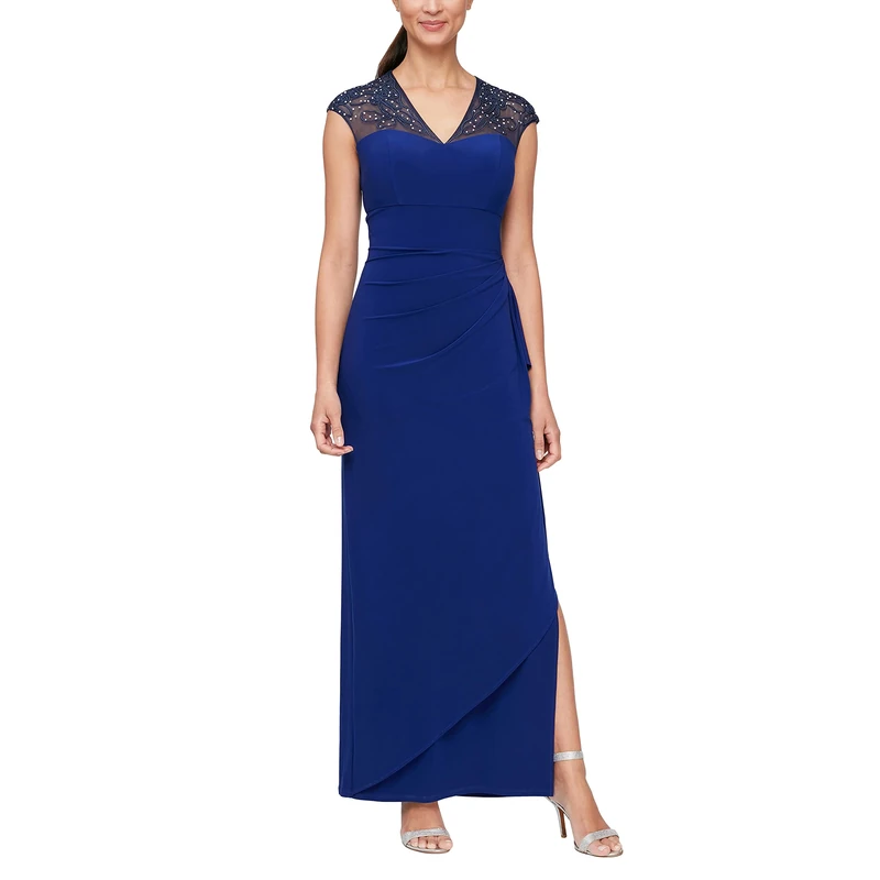 Alex Evenings Women's Long Dress with Knot Front Detail Special Occasion, Royal, 8