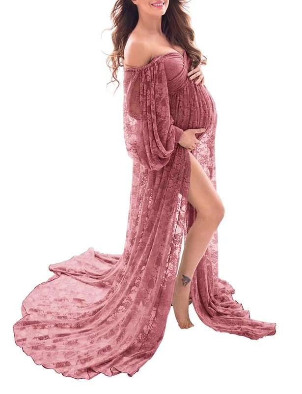 Saslax Soft Stretchy Lace Off Shoulder Doubly Split A-line Skirt Maternity Dress Pregnancy Maxi Gown for Photoshoot - Pink - Medium