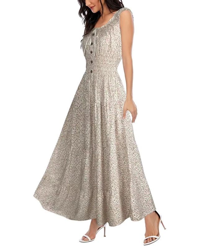 OSTOO Women's 2025 Summer Boho Floral Print Tiered Casual Flowy Long Maxi Dress, Grey White, XXL