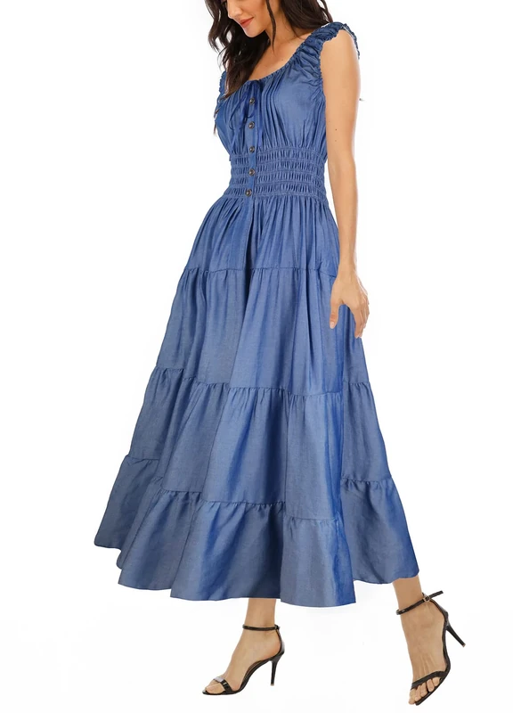 OSTOO Women's 2024 Summer Boho Floral Print Tiered Casual Flowy Long Maxi Dress, Deep Blue Denim, M