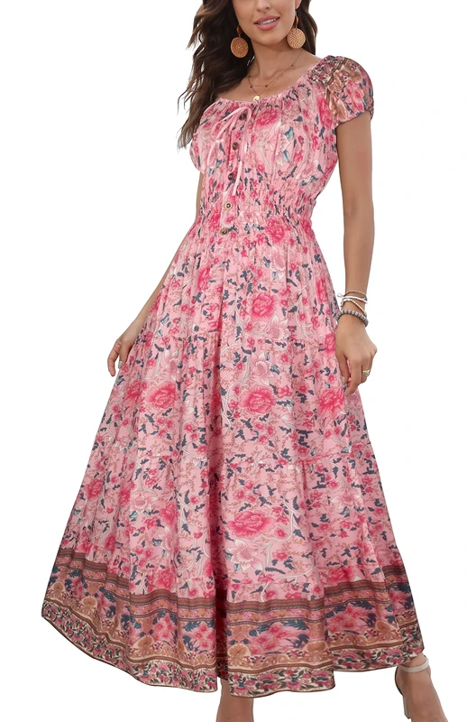 OSTOO Women's 2024 Summer Short Sleeves Boho Floral Print Tiered Casual Flowy Long Maxi Dress, Flowers Pink, XL