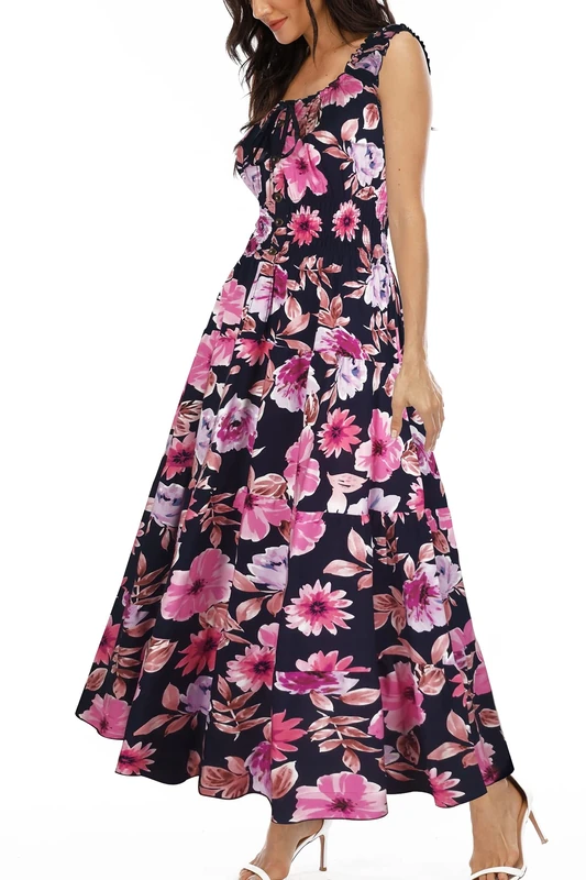 OSTOO Women's 2024 Summer Boho Floral Print Tiered Casual Flowy Long Maxi Dress, Navy Blue Flowers, L - Image 1