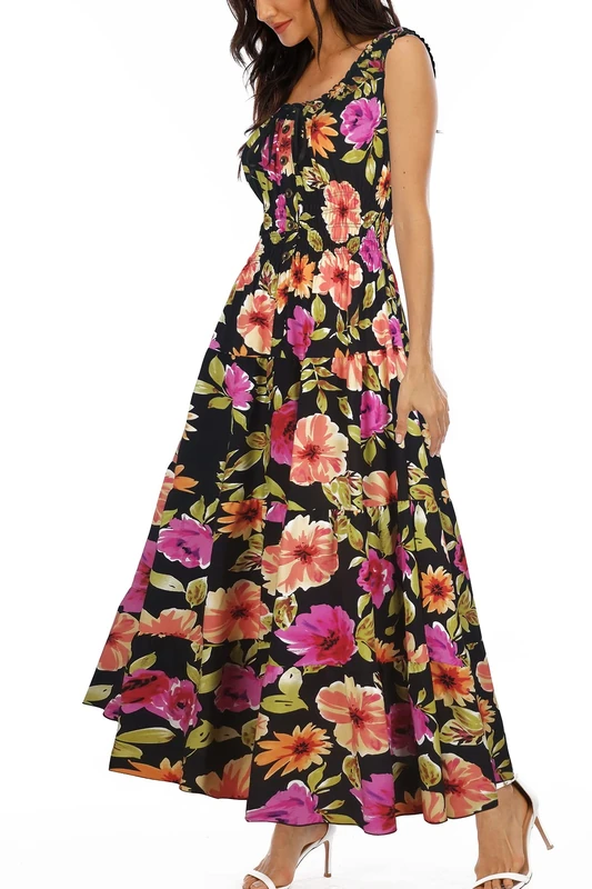 OSTOO Women’s Sleeveless Summer Flowy Printed Boho Maxi Long Dress Dresses for Wedding Guest, Black B, M