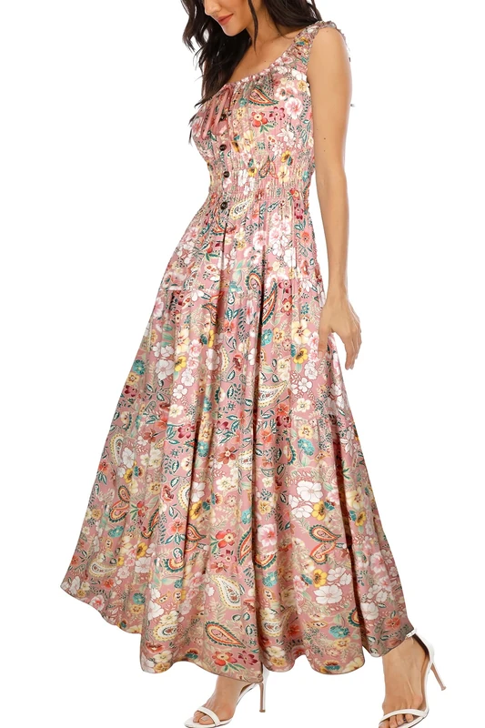 OSTOO Women's 2024 Summer Boho Floral Print Tiered Casual Flowy Long Maxi Dress, Pink Cashew Floral, L