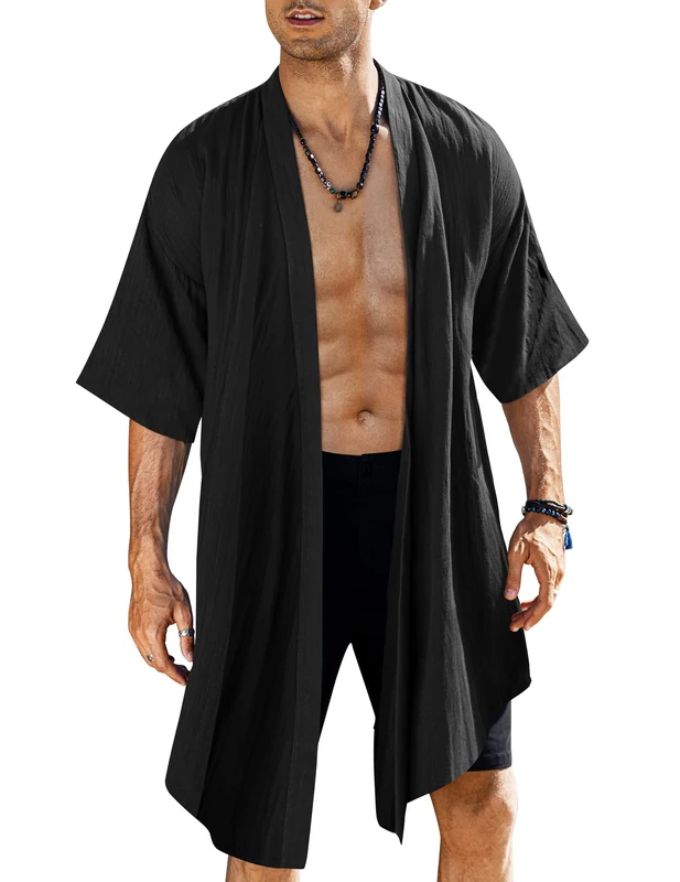 COOFANDY Men's Ruffle Shawl Collar Cotton Cardigan Long Kimono Jackets Open Front Drape Cape Coat, Typeb-black, S