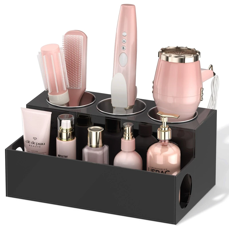NIUBEE Hair Tool Organizer, Black Acrylic Hair Dryer and Styling Organizer, Bathroom Countertop Blow Dryer Holder, Vanity Caddy Storage Stand for Accessories, Makeup, Toiletries