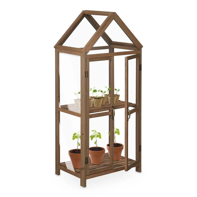 Relaxdays Greenhouse Balcony, Wood & Plastic, HBT 146 x 66 x 47.5 cm, Double Door, Grow Cabinet, Greenhouse, Brown