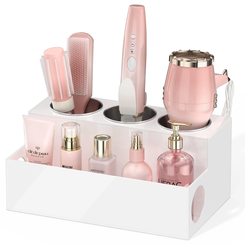 NIUBEE Hair Dryer Holder, White Acrylic Hair Tools and Styling Organizer, Bathroom Countertop Blow Dryer Holder, Vanity Caddy Storage Stand for Accessories, Makeup, Toiletries - Image 1