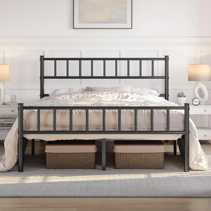 Yaheetech Double Metal Bed Frame 4ft6 Modern Style Bed Frame with Headboard and Footboard, Solid Slatted Base Black