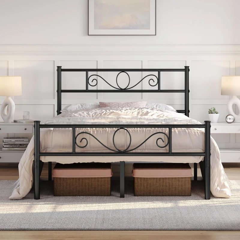 Yaheetech Metal Double Platform Bed 4ft6 Bed Frame Solid Bedstead Base with Scroll Design Headboard/Footboard Black