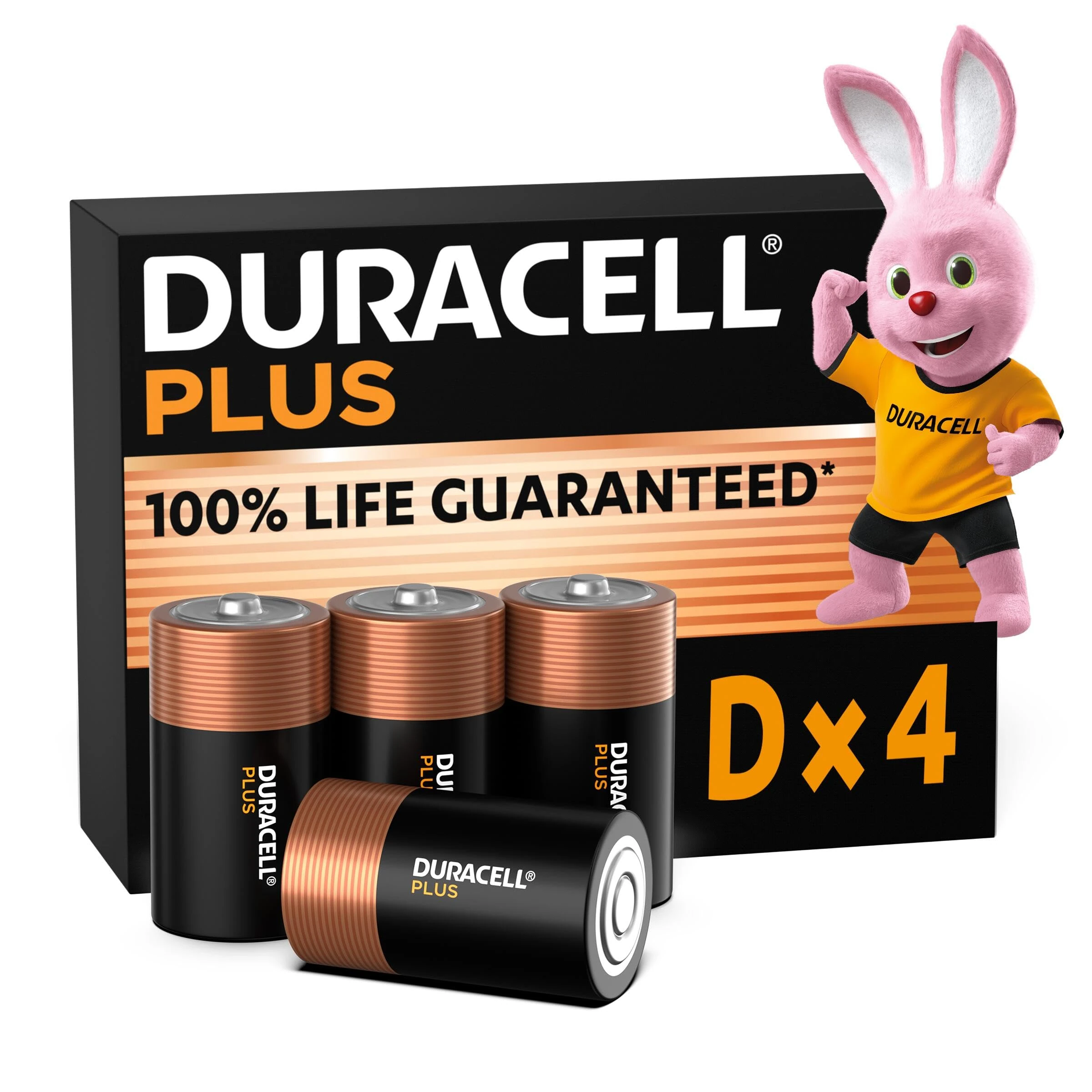 Duracell Plus D Batteries (4 Pack) - Alkaline 1.5V - 100% Life Guaranteed - Reliability For Everyday Devices - 0% Plastic Packaging - 10-Year Storage - LR20 MN1300