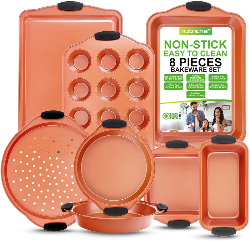 NutriChef 8 Piece Baking Pan Set - Flexible Nonstick Carbon Steel Bakeware Sets - Home Kitchen Bake Pan Cookie Sheet Stackable Baking Tray w/Black Silicone Handles, PFOA, PFOS, PTFE Free