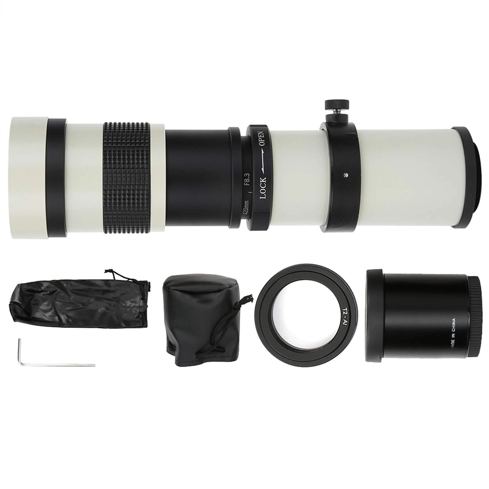 EVTCSAN 420-800mm Telephoto Lens, F8.3‑16 Manual Focusing Zoom Lens, with 2X Teleconverter for F Mount Camera(White)