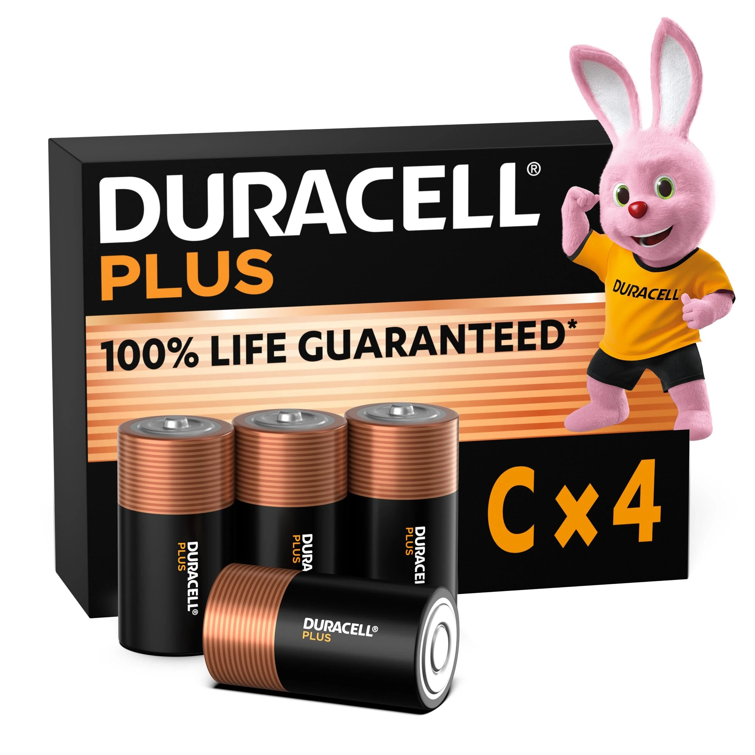 Duracell Plus C Batteries (4 Pack) - Alkaline 1.5V - 100% Life Guaranteed - Reliability For Everyday Devices - 0% Plastic Packaging - 10-Year Storage - MN1400