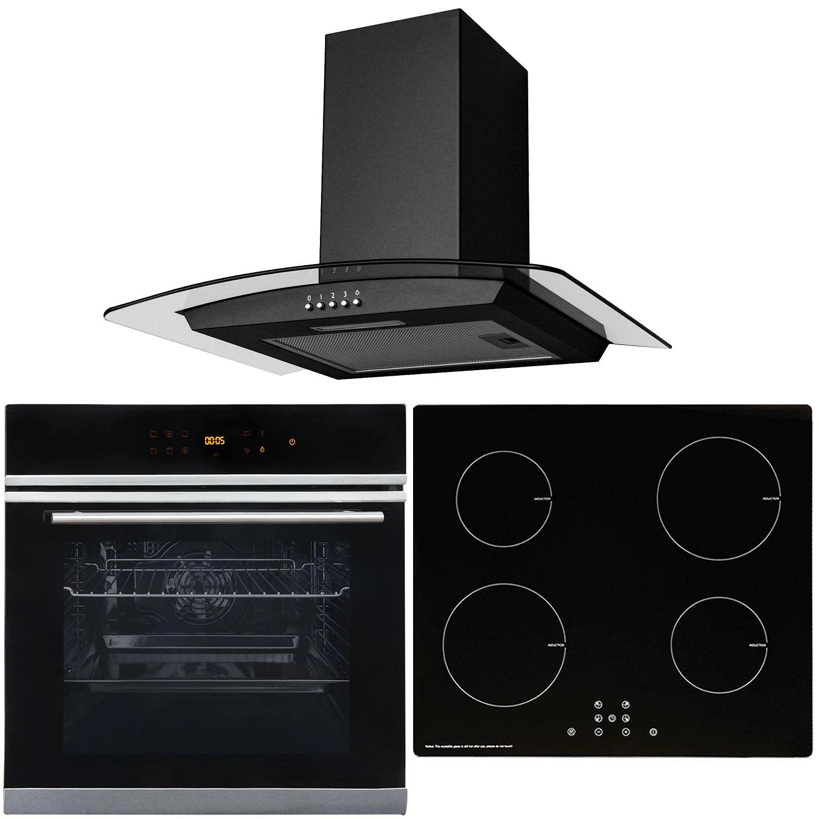 SIA BISO6SS 60cm Black Touch Control 10 Function Single Fan Oven, 4 Zone Induction Hob & Curved Glass Cooker Hood Kitchen Extractor Fan