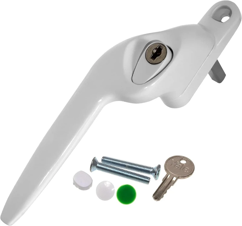 White Left-Hand Yale UPVC Window Handle Cranked Double Glazing Universal Key Locking - 10mm