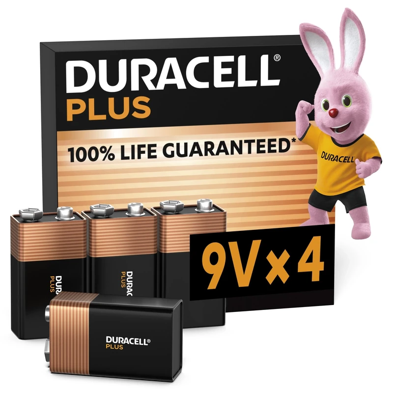 Duracell Plus 9V Batteries (4 Pack) - Alkaline - 100% Life Guaranteed - Reliability For Everyday Devices - 0% Plastic Packaging - 5-Year Storage - 6LR61 MN1604