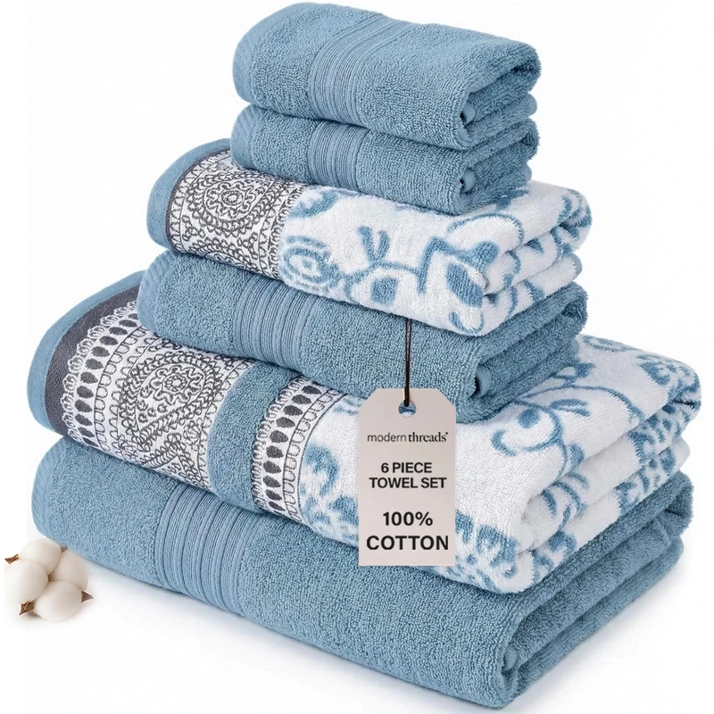 Modern Threads 6 Piece Set, 2 Bath Towels, 2 Hand Towels, 2 Washcloths Yarn Dyed Jacquard/Solid Towel Set Ophelia Blue