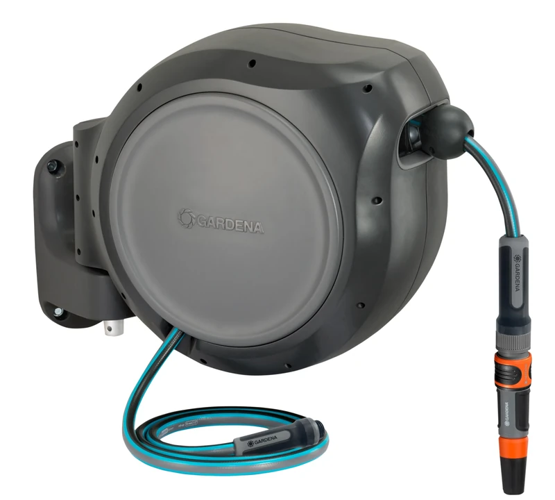 GARDENA 8055 - 100 Foot Wall Mounted Retractable Reel with Hose Guide, Automatic retraction for Easy Watering, Gray