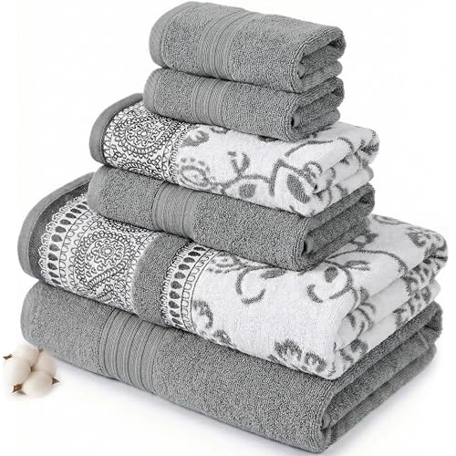 Modern Threads 6 Piece Set, 2 Bath Towels, 2 Hand Towels, 2 Washcloths Yarn Dyed Jacquard/Solid Towel Set Ophelia Stone