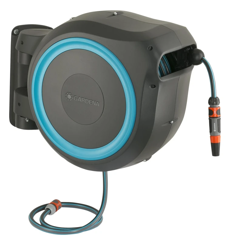 GARDENA (18630) Retractable Garden Hose Reel 115' ft, Wall Mounted, Automatic Retraction & Length Lock for Easy Watering. Heavy Duty Swivel Bracket 180°, Includes Nozzle.