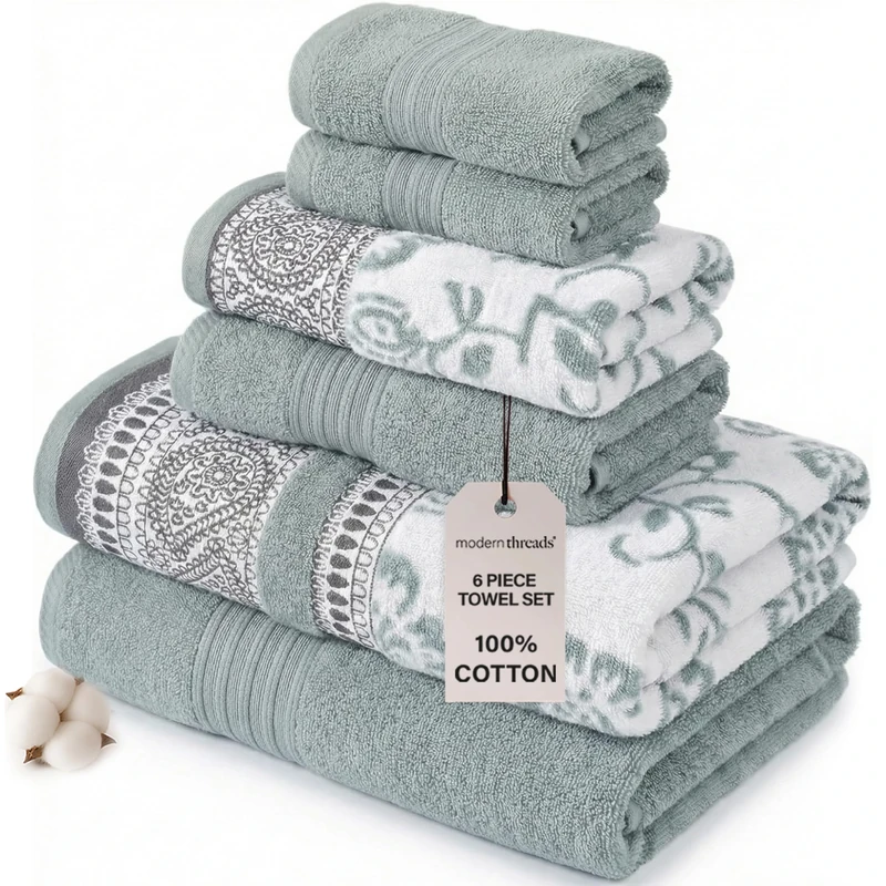 Modern Threads 6 Piece Set, 2 Bath Towels, 2 Hand Towels, 2 Washcloths Yarn Dyed Jacquard/Solid Towel Set Ophelia Dark Sage