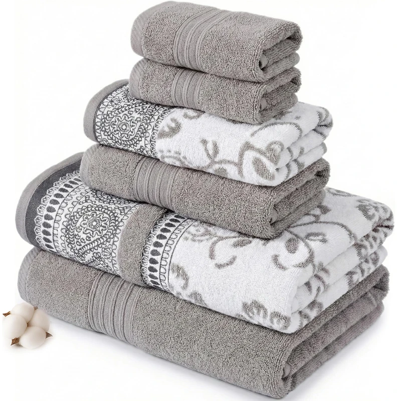 Modern Threads 6 Piece Set, 2 Bath Towels, 2 Hand Towels, 2 Washcloths Yarn Dyed Jacquard/Solid Towel Set Ophelia Fawn