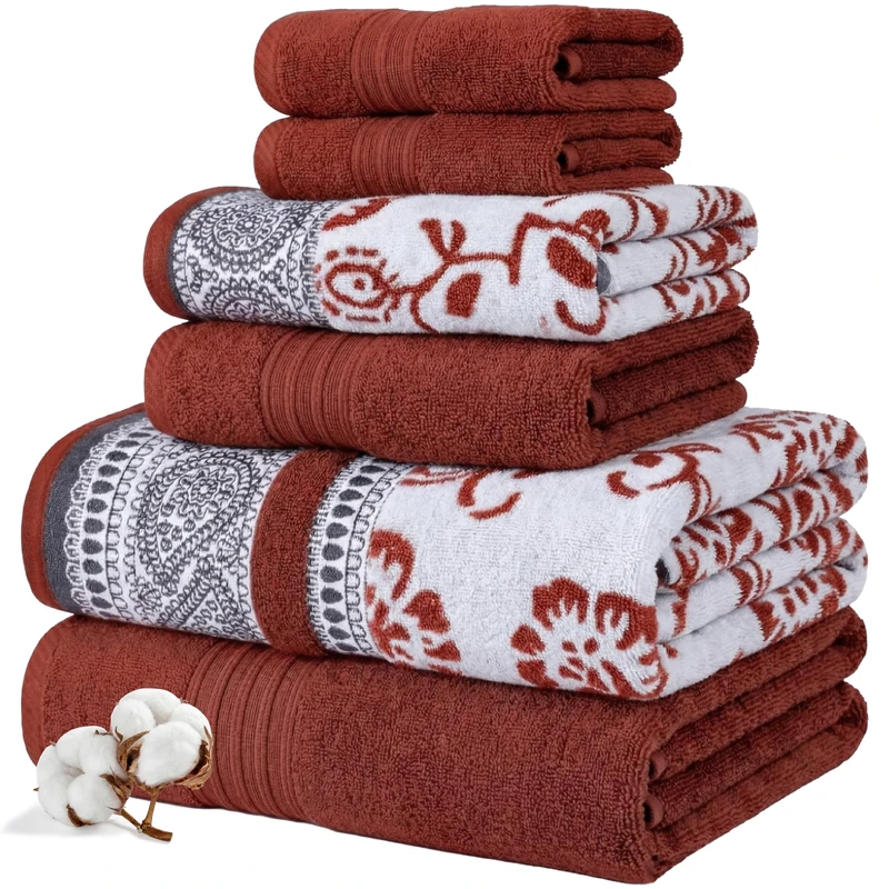 Modern Threads 6 Piece Set, 2 Bath Towels, 2 Hand Towels, 2 Washcloths Yarn Dyed Jacquard/Solid Towel Set Ophelia Clay