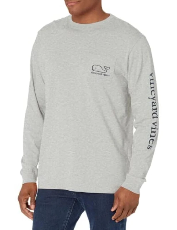 Vineyard Vines Mens Long-Sleeve Vintage Whale Pocket Tee, Gray Heather, Medium