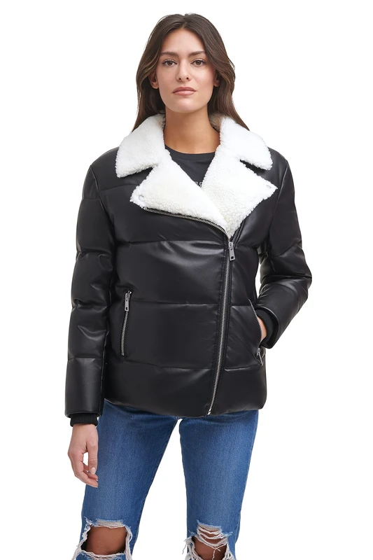 Levi's Women's Breanna Puffer Jacket (Standard and Plus Sizes) Leather, Black Faux Fur Trimmed Moto, S