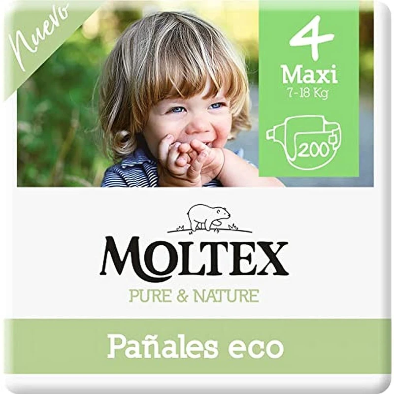 Moltex Pure & Nature 200 White Ecological Diapers with Printed Design Size 4 (9-15 kg) - 4 Bags of 50 Units