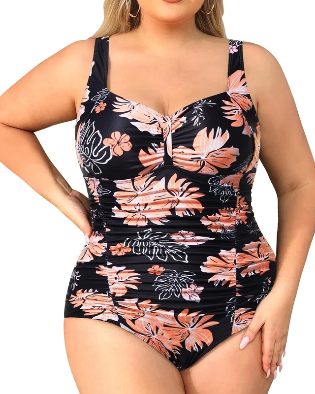 Daci Plus Size One-Piece Swimsuit - Tummy Control Retro Ruched, Black