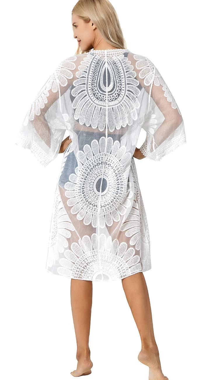 marysgift Lace Cardigan Sheer Floral Crochet Long Kimono Loose Casual Tops Outwear Swimsuit for Bathing Suits Beachwear White Beach Coverups for Women UK White A00091*