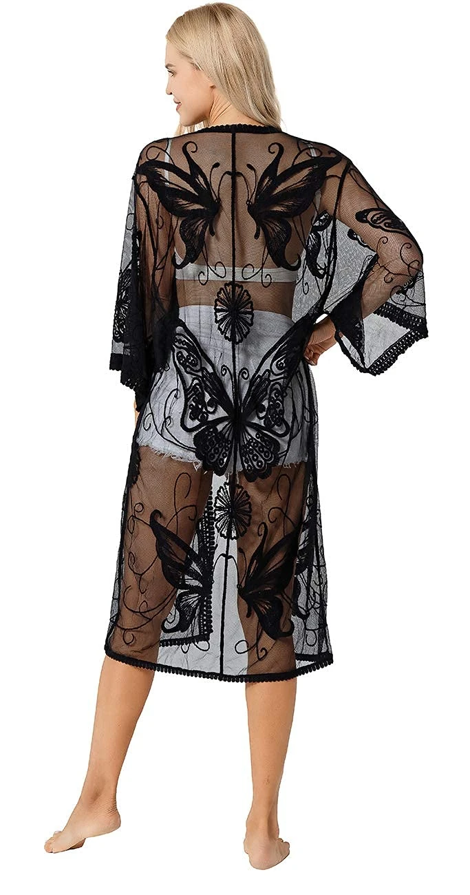 marysgift Kimono Swimsuit Cover Up for Beachwear Crochet Beach Dress Sheer Floral Black Plus Size Lace Cardigans for Women Black A00082