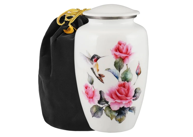 HUMMING BIRD CREMATION URNS,URN FOR HUMAN ASHES, ADULT URN FOR Funeral, Burial, Columbarium or Home, Cremation Urns for Human Ashes Adult 200 Cubic Inches:- With Velvet Bag. (White)
