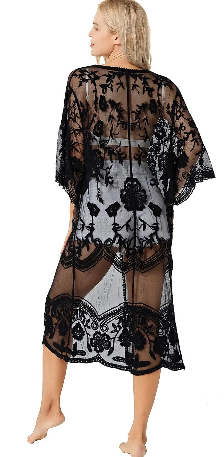 marysgift Kimono 3/4 Sleeve Floral Print Bohemian Beachwear Bikini Cover Up Long See Through Lace Cardigan Black A00102*