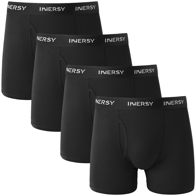INNERSY Mens Trunks Underwear with Fly Opening Black Boxer Shorts Mesh Underpants Pack of 4 (L, Black)