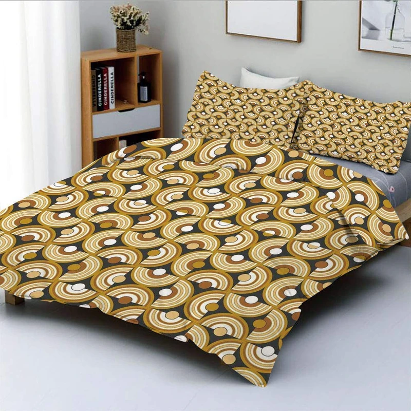 Duvet Cover Set,Funky Abstract Motif Half Circular Inner Round Forms Spiral Hoops Artwork Decorative 3 Piece Bedding Set with 2 Pillow Sham,Grey Marigold Cinnamon,Best Gift for