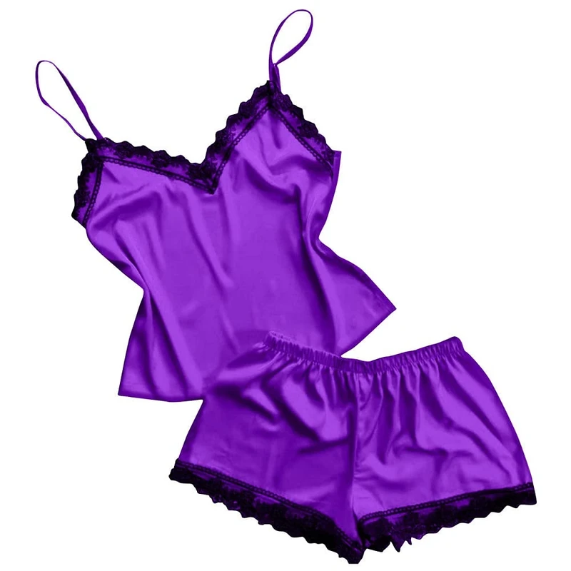 Women's Erotic Baby Dolls Women Lace Satin Pajama Set Sexy Sleepwear Shorts Satin Nightgown-B_L