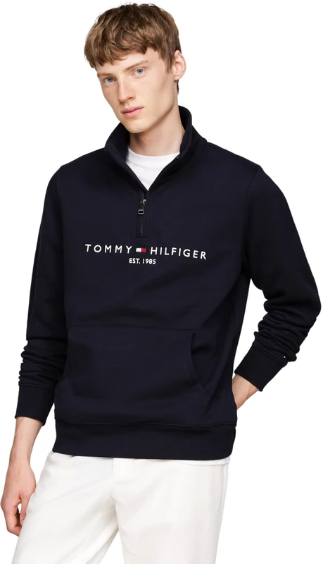 Tommy Hilfiger Men’s Logo Mock Neck Zipped Logo Sweatshirt with Kangaroo Pocket, Blue (Desert Sky), M