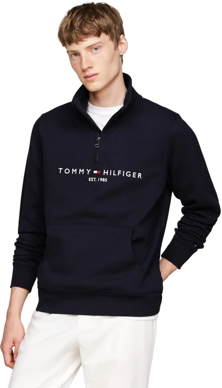 Tommy Hilfiger Men’s Logo Mock Neck Zipped Logo Sweatshirt with Kangaroo Pocket, Blue (Desert Sky), S