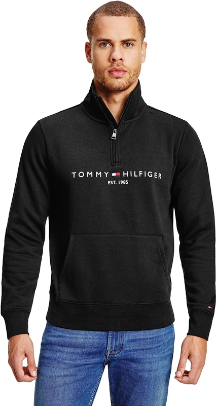 Tommy Hilfiger Men’s Logo Mock Neck Zipped Logo Sweatshirt with Kangaroo Pocket, Black (Black), XL