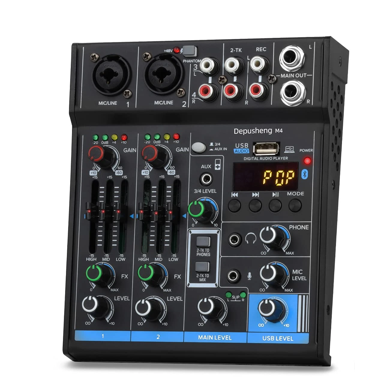 Depusheng M4 Professional Audio Mixer Sound Card Console Interface System 4 Channels USB Digital Bluetooth MP3 Computer Input 48V Phantom Power Stereo DJ Studio Streaming
