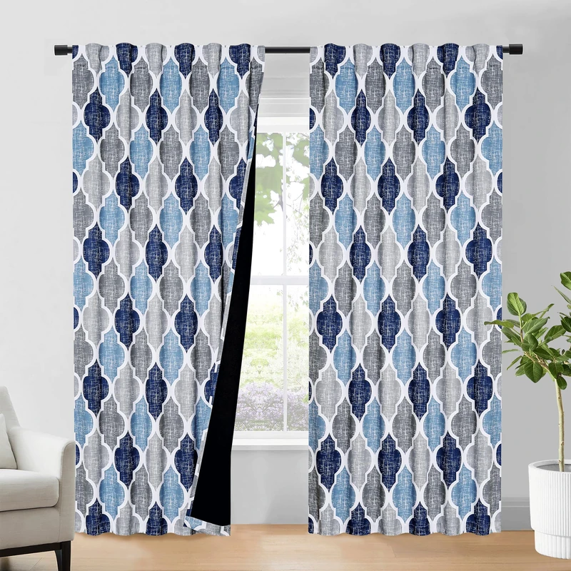 Beauoop Moroccan 100% Blackout Curtains Bedroom Blue Grey 50x96 2 Panels