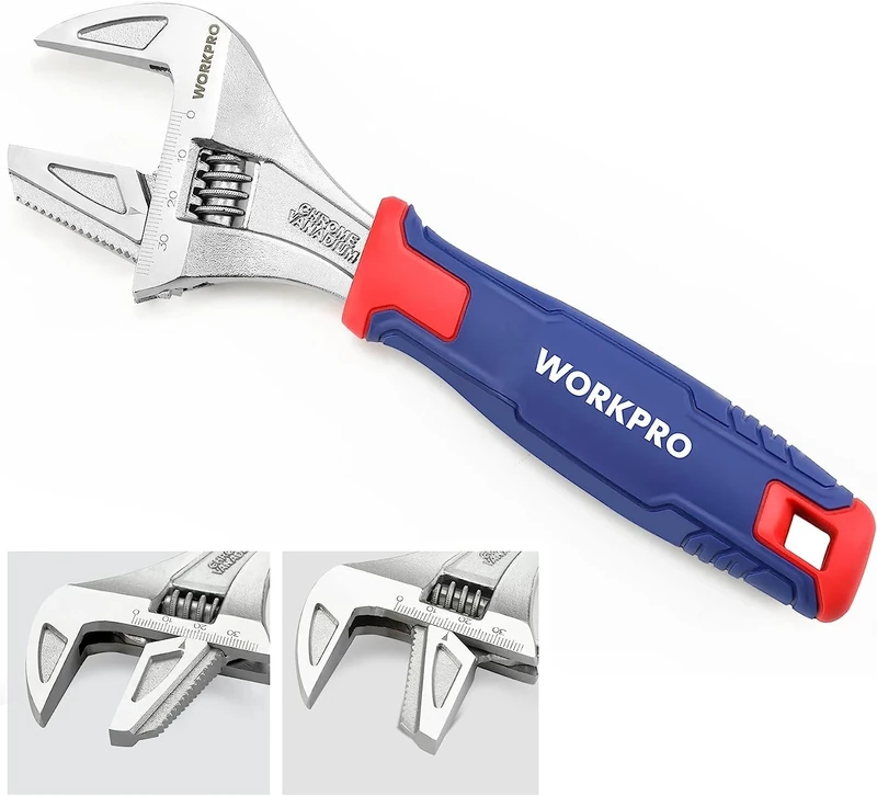 WORKPRO 200mm 2-in-1 Adjustable Wrench and Pipe Wrench, 42mm Wide Jaw, Cr-V Steel, with Bi-Material Soft Handle