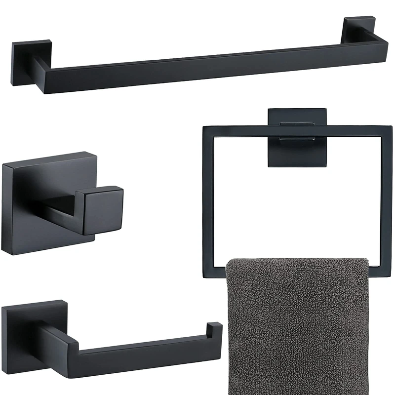 Bathroom Towel Bar Sets Matte Black 4-Piece Bathroom Hardware Set Stainless Steel Bath Accessories Kit. Wall Mounted,23.6 Inch