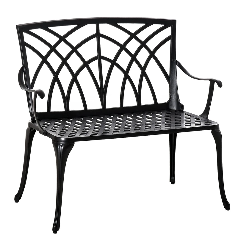 Outsunny 2-Seater Cast Aluminium Garden Bench Loveseat Outdoor Furniture Chair w/Decorative Backrest & Ergonomic Armrest for Patio Terrace Porch