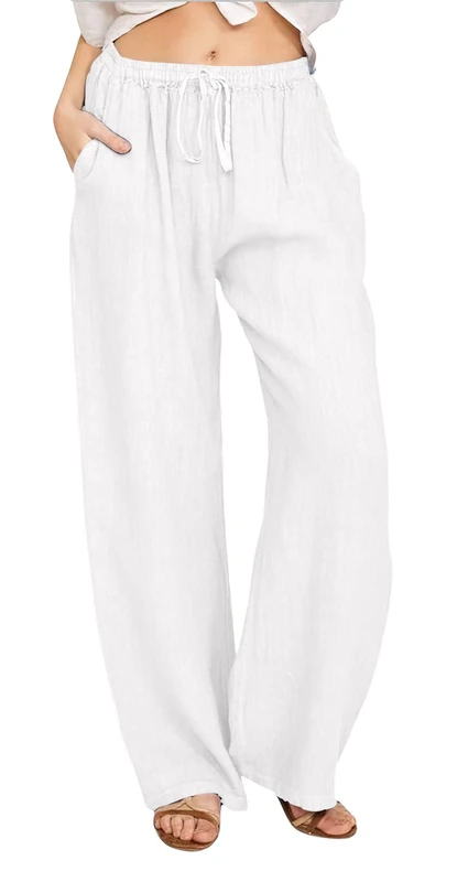 CHARTOU Women's Summer Drawstring Waist Wide Leg Loose Cotton Linen Palazzo Pants, White, Large